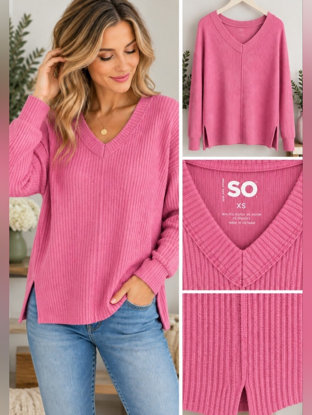 SO Oversized Cozy Pink Ribbed V-Neck Sweater XS Bubblegum